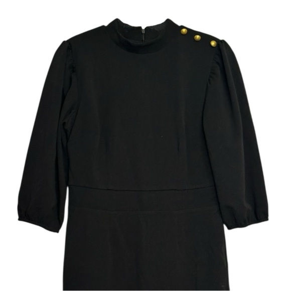 NY&Co Black Sheath Dress Small NWT Gold Button Shoulder Midi Work Office Elegant - Picture 4 of 13